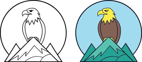 Majestic Eagle Mountaintop Silhouette Line Art and Color Version vector