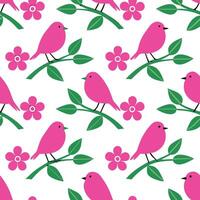 Pink Birds on Branches, Floral Seamless Pattern Design vector