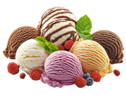 Assorted Ice Cream Scoops with Berries and Mint png