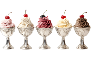 Five Ice Cream Sundaes in Silver Goblets png