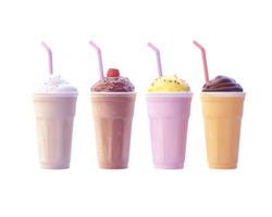 Four Milkshakes with Various Flavors and Toppings png