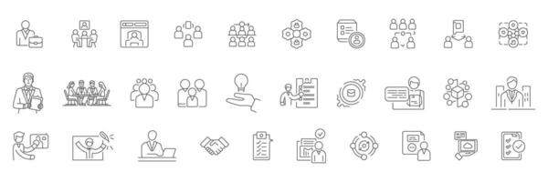 A set of black and white line icons representing teamwork collaboration financial growth, business networking, and organization charts, editable icons vector
