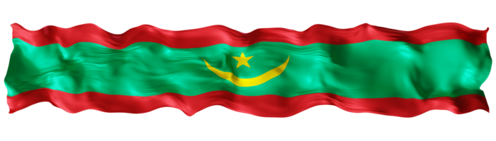 Stylized flag of Mauritania waving in the wind on transparent background. Footer, header or divider. Cut out wide, panoramic element. Banner for patriotic themes or national event promotions. 3D. png