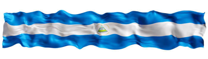 Stylized flag of Nicaragua waving in the wind on transparent background. Footer, header or divider. Cut out wide, panoramic element. Banner for patriotic themes or national event promotions. 3D. png