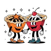 Two cartoon characters holding hands and smiling. One is holding pie and other is holding cherry pie vector