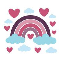 illustration of flat style rainbow with hearts surrounding it vector