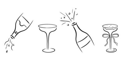 Hand drawn Set glasses and open bottles of alcohol, doodle drawing vector