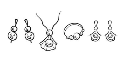 Hand drawn pearl jewelry illustration set, whimsical jewelry made from pearl, doodle, earrings, bracelet, necklace vector