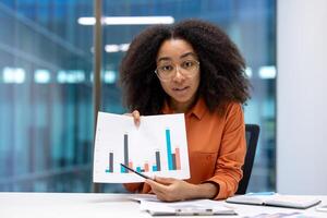 A professional woman explains data trends using graphs during a business meeting in a modern office. Her presentation focuses on statistical analysis while fostering teamwork and professional growth photo