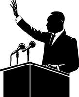 Martin Luther King jr. illustration of a public speaker silhouette raising a hand during a speech. Motivational banner design. Patriotic theme in black and white, and red colors. vector