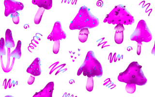 Magic neon violet mushrooms. Mistery textile pattern, wrapping paper. Fly agaric and decorative elements on isolated background. Halloween endless design png