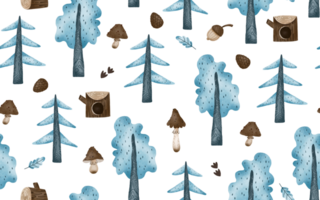 Seamless pattern with snowy trees, mushrooms, wood. Forest pattern, fir, spruce. Hand drawn endless background. Kids illustration png