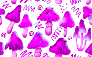 Magic neon violet mushrooms. Mistery textile pattern, wrapping paper. Fly agaric and decorative elements on isolated background. Halloween set png