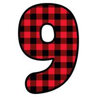 Alphabet number font, red lumberjack plaid pattern for 9 vector