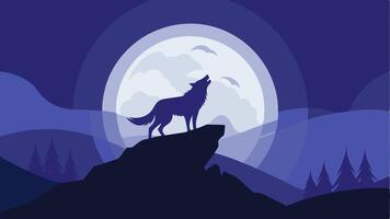 silhouette of a wolf howling on a rock at night under a full moon for business vector
