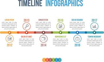 Horizontal timeline infographics template with colorful circles, workflow or process diagram vector