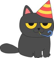 Grumpy Black Cat Blowing Noisemaker Cartoon Illustration vector
