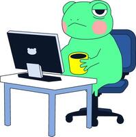 Tired Frog Working In Front Of Laptop Illustration vector