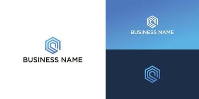 Abstract hexagon logo design with gradient blue color on white, blue, and dark blue background. vector
