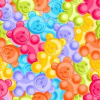 playful seamless pattern featuring colorful jelly bears in various vibrant shades. These adorable gummy candies are arranged beautifully, creating a cheerful and whimsical design perfect for packaging vector