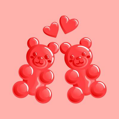 This vibrant illustration features a delightful arrangement of red gummy bears shaped like hearts, perfect for celebrating Valentines Day. playful and sweet representation of love and affection