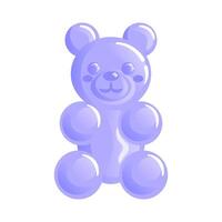 A cute purple gummy bear with a glossy finish, sitting cheerfully, its small eyes sparkling with joy. Its rounded body and floppy arms exude sweetness, making it an adorable treat for all ages. vector