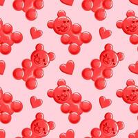 seamless pattern features charming red gummy bears shaped like hearts, perfect for Valentines Day. for festive designs, packaging, or digital backgrounds, it brings a sweet and playful touch vector