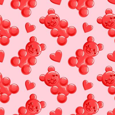 seamless pattern features charming red gummy bears shaped like hearts, perfect for Valentines Day. for festive designs, packaging, or digital backgrounds, it brings a sweet and playful touch