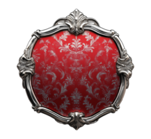 Decorative silver frame with red damask pattern image isolated transparent. Sophisticated design baroque embellishment cut out . Framework old-fashioned cutout element object png