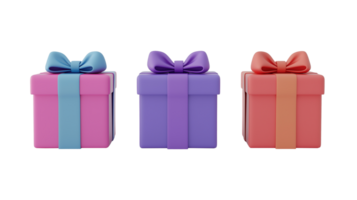 Three square giftboxes with smooth bows image set isolated transparent. Wrapped gift boxes cut outs collection. Special occasion decorative presents cutouts elements objects png