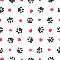 Hand drawn red hearts and paw prints. Seamless fabric design pattern vector