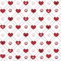 Plaid red hearts with cute paw prints. Seamless fabric design pattern vector