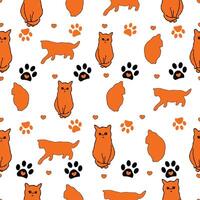 Orange cat with paw prints and hearts. Seamless fabric design pattern vector