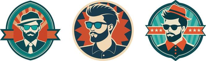 Set of three vintage-style hipster badge illustrations featuring men with sunglasses, beards, and trendy accessories in retro colors. vector