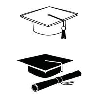 Flat Silhouette line art icon Graduation Cap, Diploma isolated on white background vector