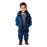 smiling boy wearing blue outfit isolated on transparent background png