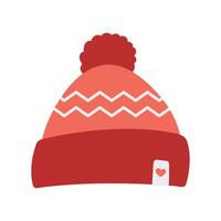 Knitted red hat with zig zag scandinavian pattern and heart. Winter headdress with pompon. Isolated hand drawn flat illustration on white background vector