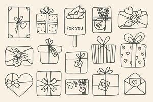 Valentines day gifts with bows in doodle style. Set holiday boxes with hearts. Hand drawn sketch icon vector