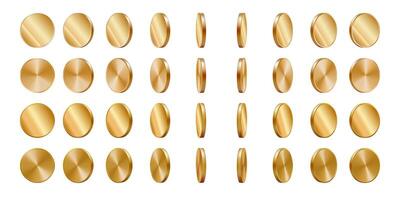 Golden coins realistic rotate set. Animation front, side view vector