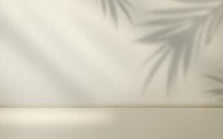 Minimal Background Beige Cream podium Empty room with shadows of window and flowers and palm leaves.Wall interior background, studio and backdrops show products. with leaf shadow photo