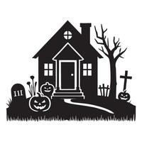 Silhouette of a spooky cottage with Halloween elements vector