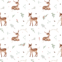 Seamless pattern with watercolor of Christmas tree and pine branches, needle and baby deer with garland. Hand painted red berries and animals illustration on isolated. Repeat background for new year. png