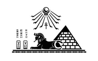 Silhouette of Ancient Middle Eastern Egyptian sphinx lion with pyramid and hieroglyphics vector