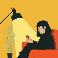 Introverted Girl Using Phone - Social Media Character Art for Modern Lifestyle Themes vector