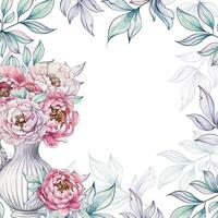 Lush pink peonies gather in a graceful vase, surrounded by gentle leaves, inviting tranquility and elegance into any design. vector