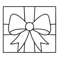Square gift box with ribbon and big bow black line icon isolated on transparent background vector