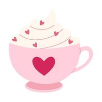 A cute pink cup with a heart drawn on it and a swirl of whipped cream around it. The heart is placed in the center of the cup, and the whipped cream is spread out around it vector