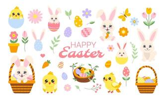 A collection of Easter themed cartoon characters including rabbits, birds, and flowers. The image is titled Happy Easter and features a basket of eggs vector