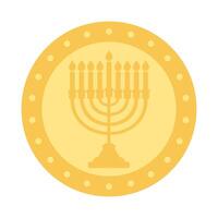 A gold coin with a menorah on it. The menorah is lit with candles. The coin is circular and has a gold color vector