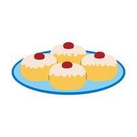 A plate of four donuts with a cherry on top. The plate is blue and white. The donuts are yellow and have a frosting on top vector